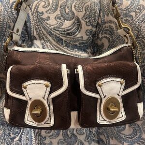 COACH Y2K Legacy Turn Lock Mocha Brown and White Leather Shoulder Bag F13102